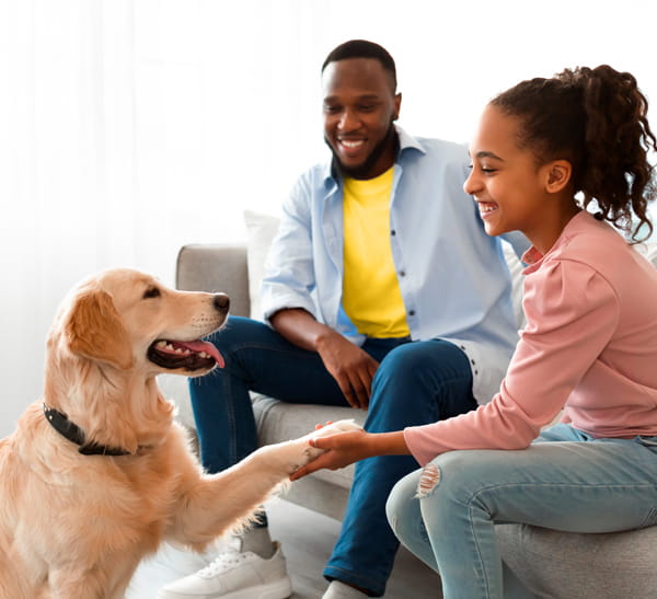 Family playing with dog